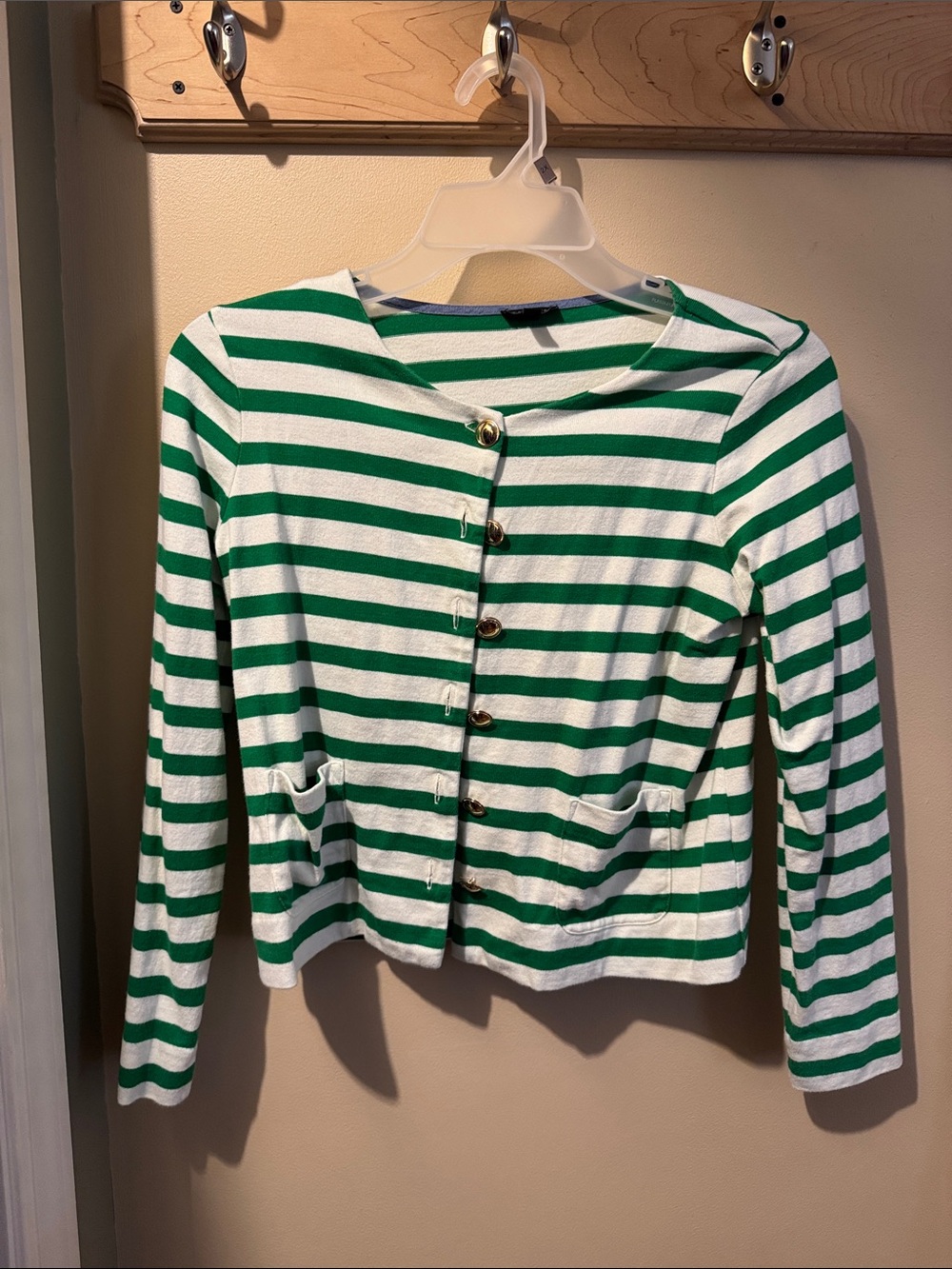Talbots Green and White Striped Button-Front Sweater